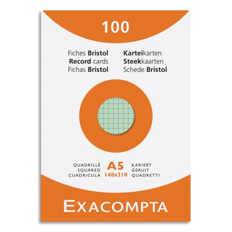 Fiche bristol 148 x 210 mm quadrillée 5 x 5 coloris assortis non perforée Exacompta - Boîte de 100