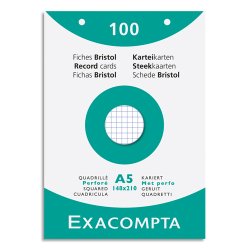 Fiche bristol 148 x 210 mm quadrillée 5 x 5 blanche perforée Exacompta - Boîte de 100