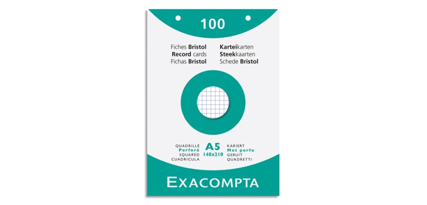 Fiche bristol 148 x 210 mm quadrillée 5 x 5 blanche perforée Exacompta - Boîte de 100