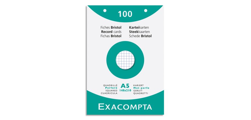 Fiche bristol 148 x 210 mm quadrillée 5 x 5 blanche perforée Exacompta - Boîte de 100