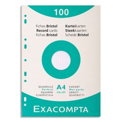 Fiche bristol 210 x 297 mm quadrillée 5 x 5 blanche perforée Exacompta  - Boîte de 100