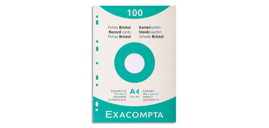 Fiche bristol 210 x 297 mm quadrillée 5 x 5 blanche perforée Exacompta  - Boîte de 100