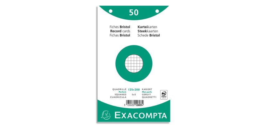 Paquet 50 fiches sous film - bristol quadrillé 5x5 perforé 125x200mm - Blanc