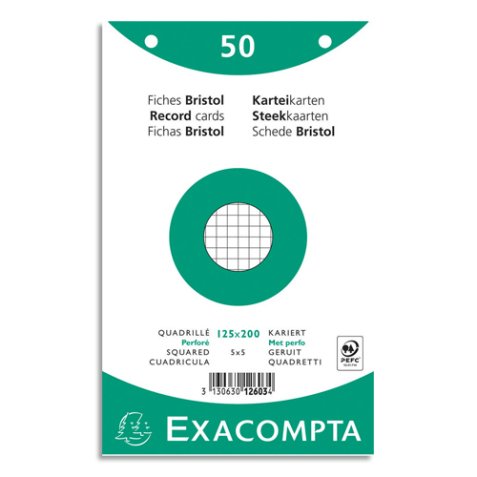 Paquet 50 fiches sous film - bristol quadrillé 5x5 perforé 125x200mm - Blanc