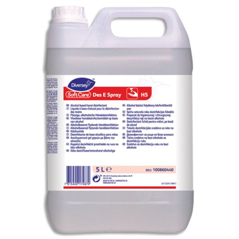 Bidon de 5 litres de solution hydro-alcoolique, pour les mains, sans parfum, sans colorant
