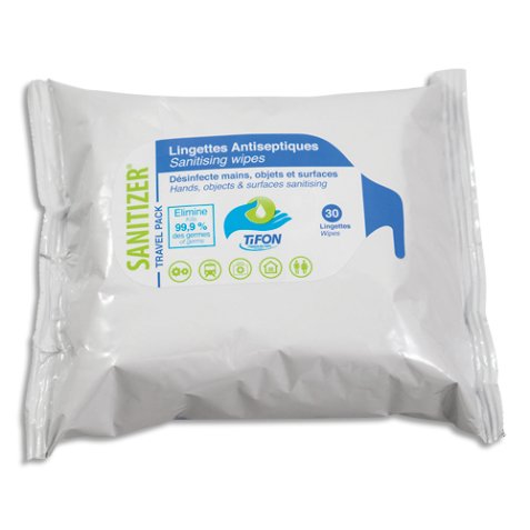 Paquet 30 lingettes humides 20x20cm pour désinfection des mains et surfaces, actif sur coronavirus
