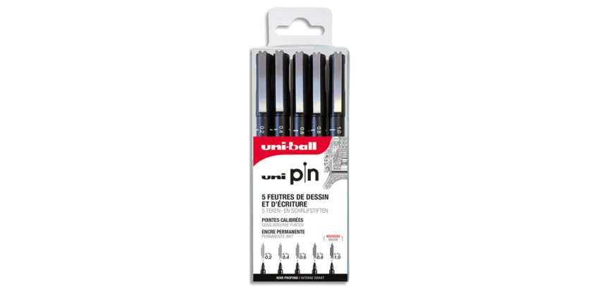 Pochette de 5 feutres techniques uni ball pin       pointe calibree encre noir    trace net et precis asp008