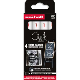 Marqueur effaçable craie Uni-Ball Chalk pointe ogive de 0,9 à 1,3 mm - Pochette de 4 couleurs blanches