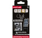 Set de 4 marqueurs craie UNI CHALK MARKER. Pointe moyenne. Coloris : 2 Blanc, 1 argent, 1 or