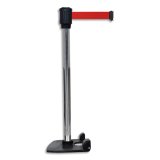 Poteau acier chromé H99 cm + enrouleurs à sangle rouge L2m x H5cm, base lestée à roulettes D31/32 cm