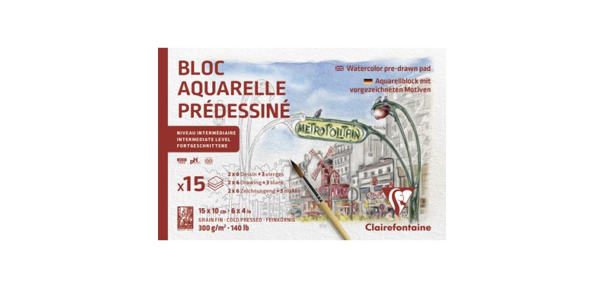 Aquarelle Prédessiné Paris bloc collé 15F 10x15cm 300g
