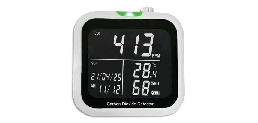 Détecteur de CO2 noir, avec Alarme sonore et visuelle (800-1500ppm) Horloge, Niveau de batterie