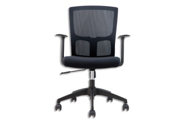 Siège Campus dossier en résille, assise mousse recouvert de tissu noir. Accoudoirs fixes