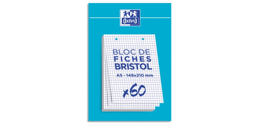 Fiche bristol 14,8 x 21 cm 5 x 5 blanc perforée Oxford - Bloc de 60