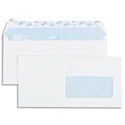 Boîte de 500 enveloppes vélin Blanc 80g DL 110x220mm auto-adhésives avec fenêtre 45x100mm