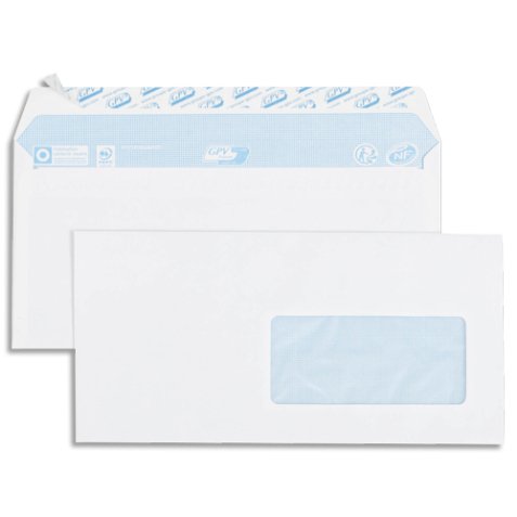 Boîte de 500 enveloppes vélin Blanc 80g DL 110x220mm auto-adhésives avec fenêtre 45x100mm