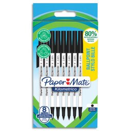 Sachet de 8 stylos à bille KILOMETRICO™ à capuchon, recyclé à 80%. Pointe moyenne 1.0 mm - noir