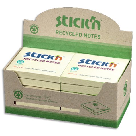 Lot de 12 blocs de 100 feuilles recyclés repositionnables 76x76 mm. Couleur jaune.