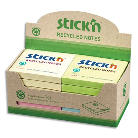 Lot de 12 blocs de 100 feuilles recyclés repositionnables. 76x76 mm. Couleurs pastels.