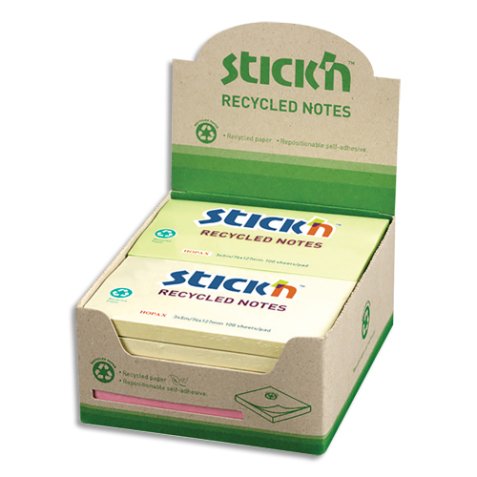 Lot de 12 blocs de 100 feuilles recyclés repositionnables. 76x127 mm. Couleurs pastels.