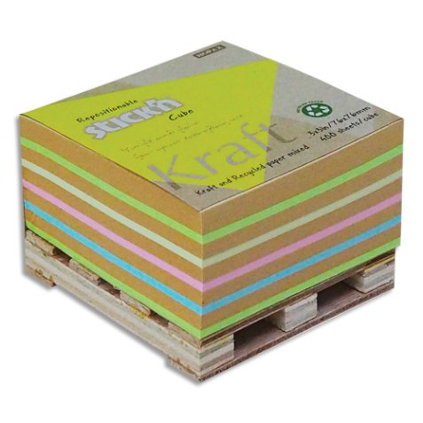 Bloc de 400 feuilles de notes repositionnables. 76 x 76 mm. Feuilles kraft et recyclées sur palet