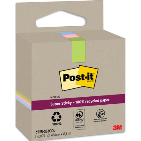 Recycling Notes assortis Super Sticky 47,6 X 47,6 mm - bloc de 70 feuilles