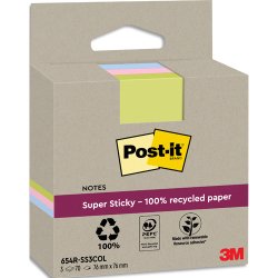 Recycling Notes assorties Super Sticky 76 x 76 mm - bloc de 70 feuilles