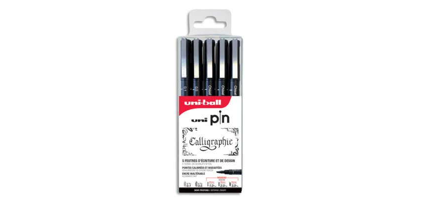Feutre technique uniball theme calligraphy pointes     calibrees assorties coloris   noir pochette 5 unites