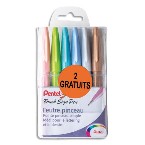 Pochette de 6 feutres PASTEL dont 2 gratuites pinceau pointe souple résistante.