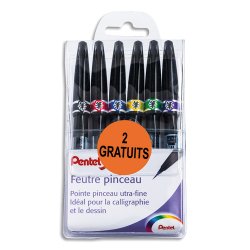 Pochette de 6 feutres pinceau pointe souple extra-fine résistante.