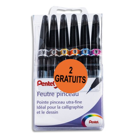 Pochette de 6 feutres pinceau pointe souple extra-fine résistante.