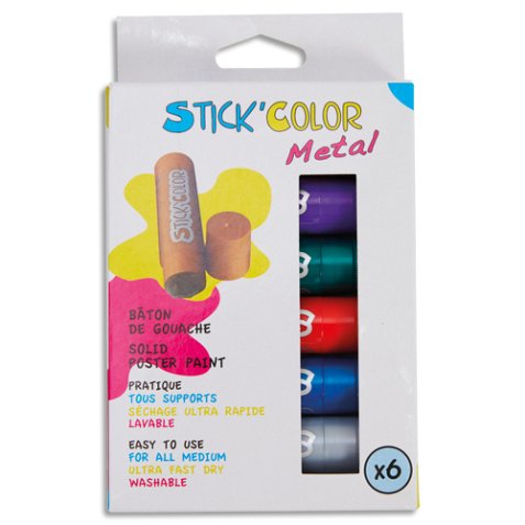 Boîte de 6 sticks de gouache solide 10g. 6 couleurs métallisées assorties