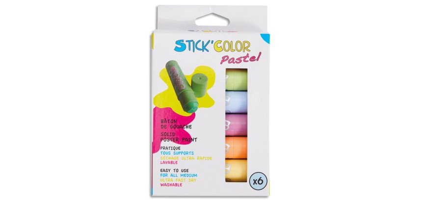 Baton gouache stick'color solide tous supports coloris  pastel assortis boite 6       unites