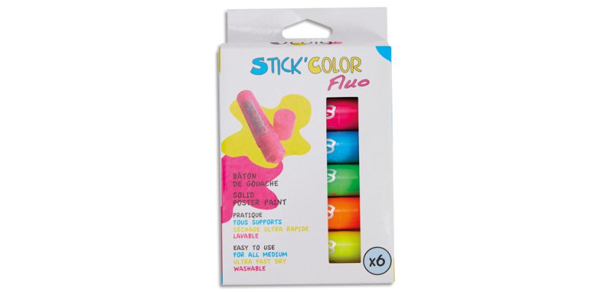 Baton gouache stick'color solide tous supports coloris  fluo assortis boite 6 unites