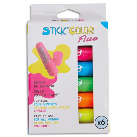 Boîte de 6 sticks de gouache solide 10g. 6 couleurs fluo assorties