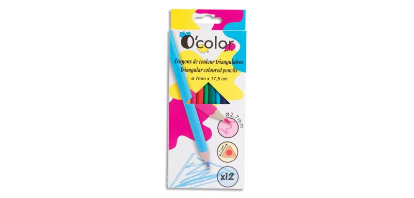 Boîte de 12 crayons de couleur en résine triangulaire.Diamètre crayon 7mm, mine 2,7mm. Assortis