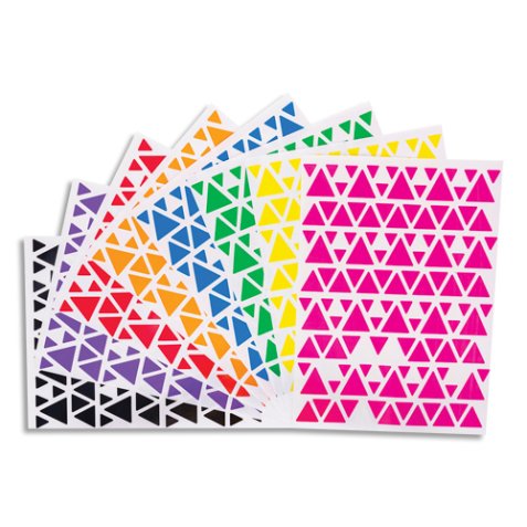 Sachet de 18 planches de gommettes triangles 3 tailles. 6 couleurs 3 planches par couleur.