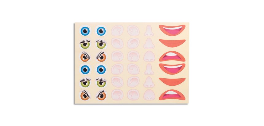 Gommette visage cleopatre yeux 25mm bouche 50mm nez 720 gommettes pochette de 20      planches