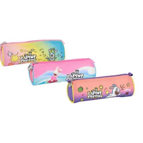 Lapins Crétins VII Trousse ronde en polyester. Dimensions : 22x7x7 cm. 3 décors assortis