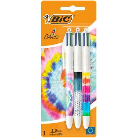 Blister de 3 stylos bille 4 couleurs. 3 décors assortis tie dye. Pointe 1mm