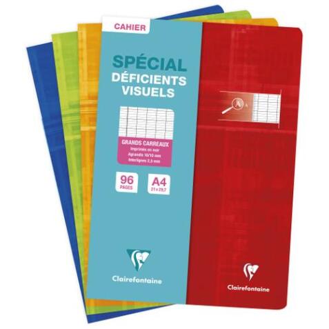 Cahier piqué spécial déficients visuels A4 96 pages grands carreaux 2 ,5mm agrandis 10x10 - Assortis