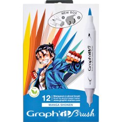 Set 12 marqueurs à alcool GRAPHIT BRUSH Manga SHONEN double pointe extra fine et pinceau