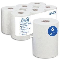 Lot de 6 Essuie-mains roulés 65 m blanc rouleau 1 épaisseur