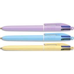 Stylo bille rétractable 4 couleurs. Pointe 1,0mm. Corps pastel. Couleurs aléatoires jaune-mauve-bleu