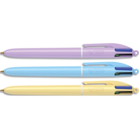 Stylo bille rétractable 4 couleurs. Pointe 1,0mm. Corps pastel. Couleurs aléatoires jaune-mauve-bleu