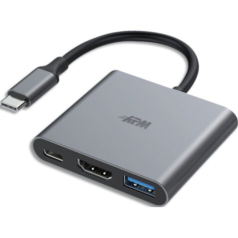 Hub USB-C (3.1) 3 ports, HDMI 1.4 / USB-C / USB-A, 4k, metal, gris