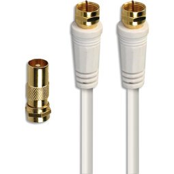 Cordon satellite fiche ''F'' mâle / mâle blanc 2m + adaptateur