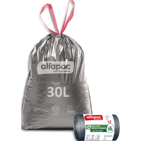 Boîte de 450 sacs à lien coulissant recyclé type 30L résistant coloris argent/noir