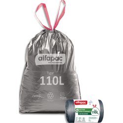 Boîte de 180 sacs à lien coulissant recyclé type 110L résistant coloris argent/noir