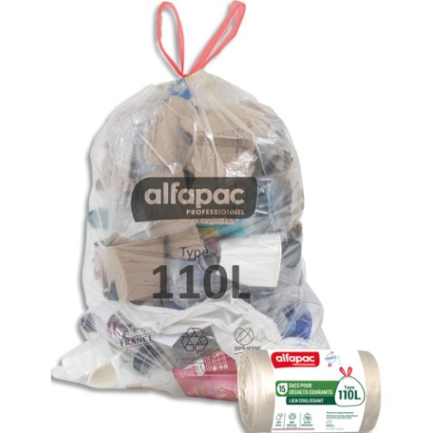 Boîte de 180 sacs à lien coulissant recyclé type 110L résistant coloris translucide